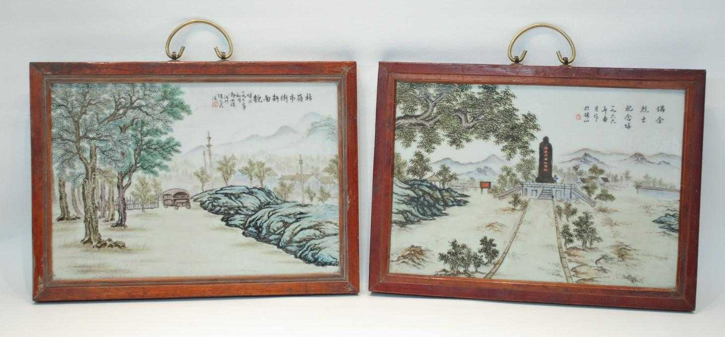 Appraisal: TWO CHINESE PORCELAIN WALL PLAQUES IN WOOD FRAMES each porcelain