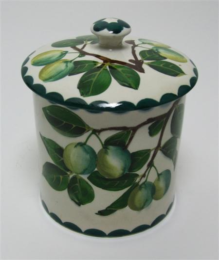 Appraisal: WEMYSS LARGE PRESERVE JAR COVER CIRCA decorated with greengages impressed