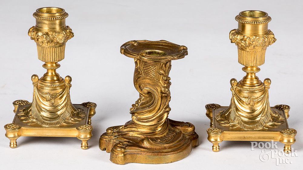 Appraisal: Pair of French gilt brass candlesticks th c Pair of