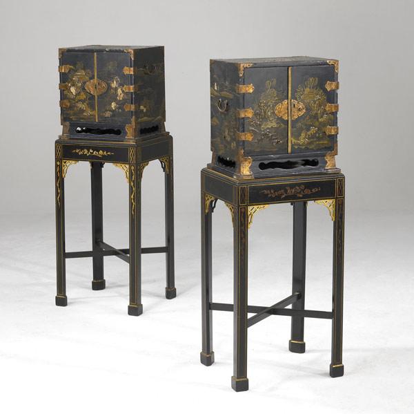 Appraisal: ASIAN LACQUER CABINETS Chinoiserie-decorated pair of cabinets on stands ca