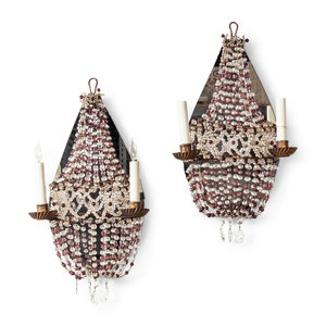 Appraisal: A Pair of Italian Gilt Metal Beaded Two-Light Sconces Height