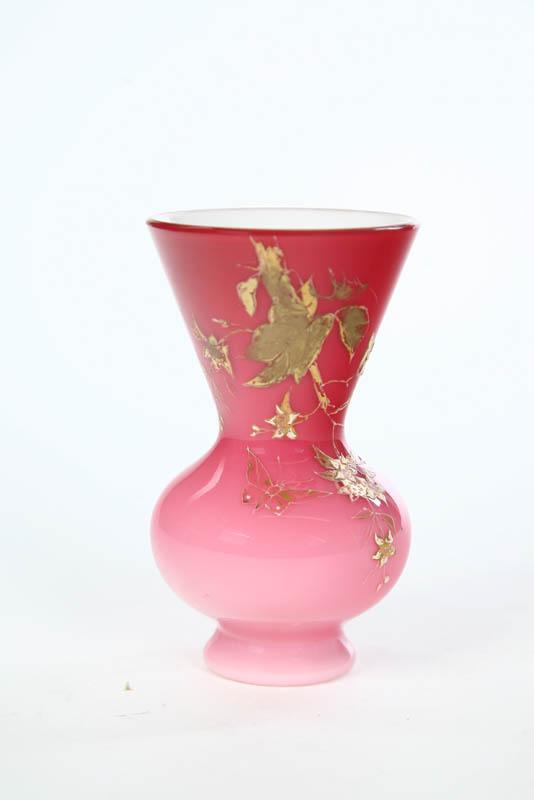 Appraisal: SMALL PEACHBLOW VASE Urn form vase with gold enamel decoration