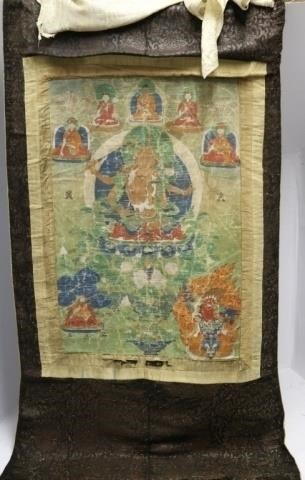 Appraisal: ANTIQUE TIBETAN THANGKA PAINTING ON CANVASMOUNTED ON SILK EMBROIDERED SCROLL