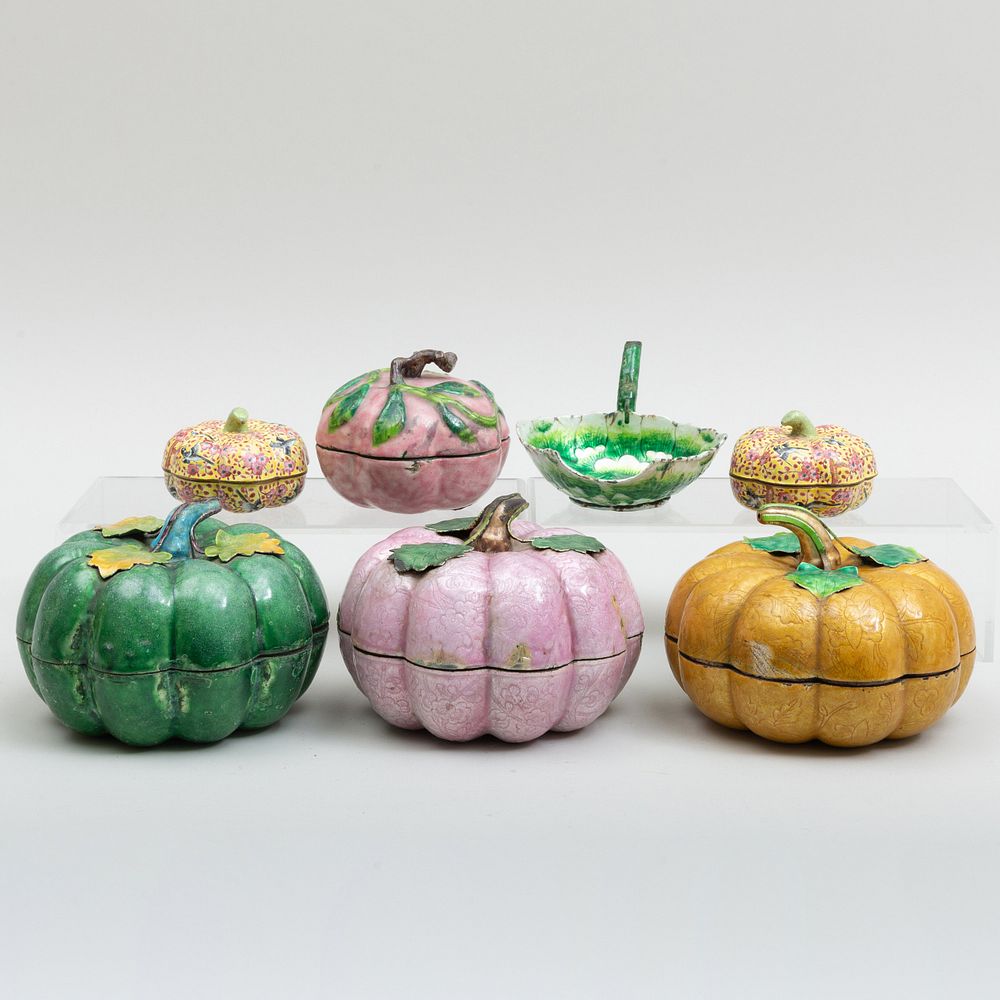 Appraisal: Group of Six Chinese Export Enamel Gourd Form Boxes and