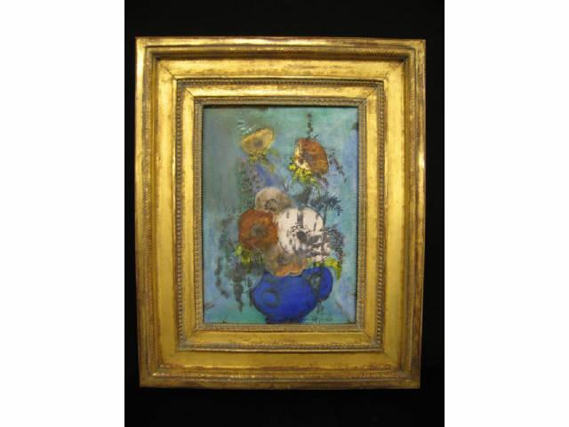 Appraisal: Fine French Enamel Plaque artist signed floral still life image