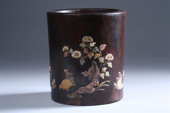 Appraisal: CHINESE SOAPSTONE INLAID WOOD BRUSH HOLDER BITONG th century Floral