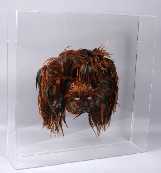 Appraisal: Arts and Crafts exotic feather mask in plexiglas case h