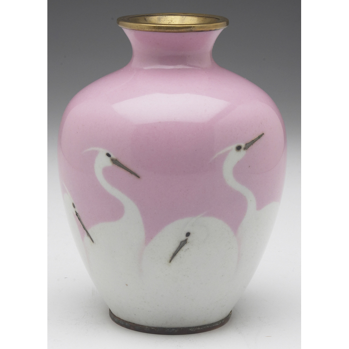 Appraisal: Japanese vase Meiji period cloisonne bulbous shape pink with cranes