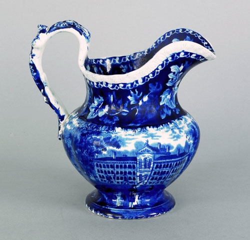 Appraisal: Historical blue Staffordshire pitcher th c depicting the Almshouse Boston