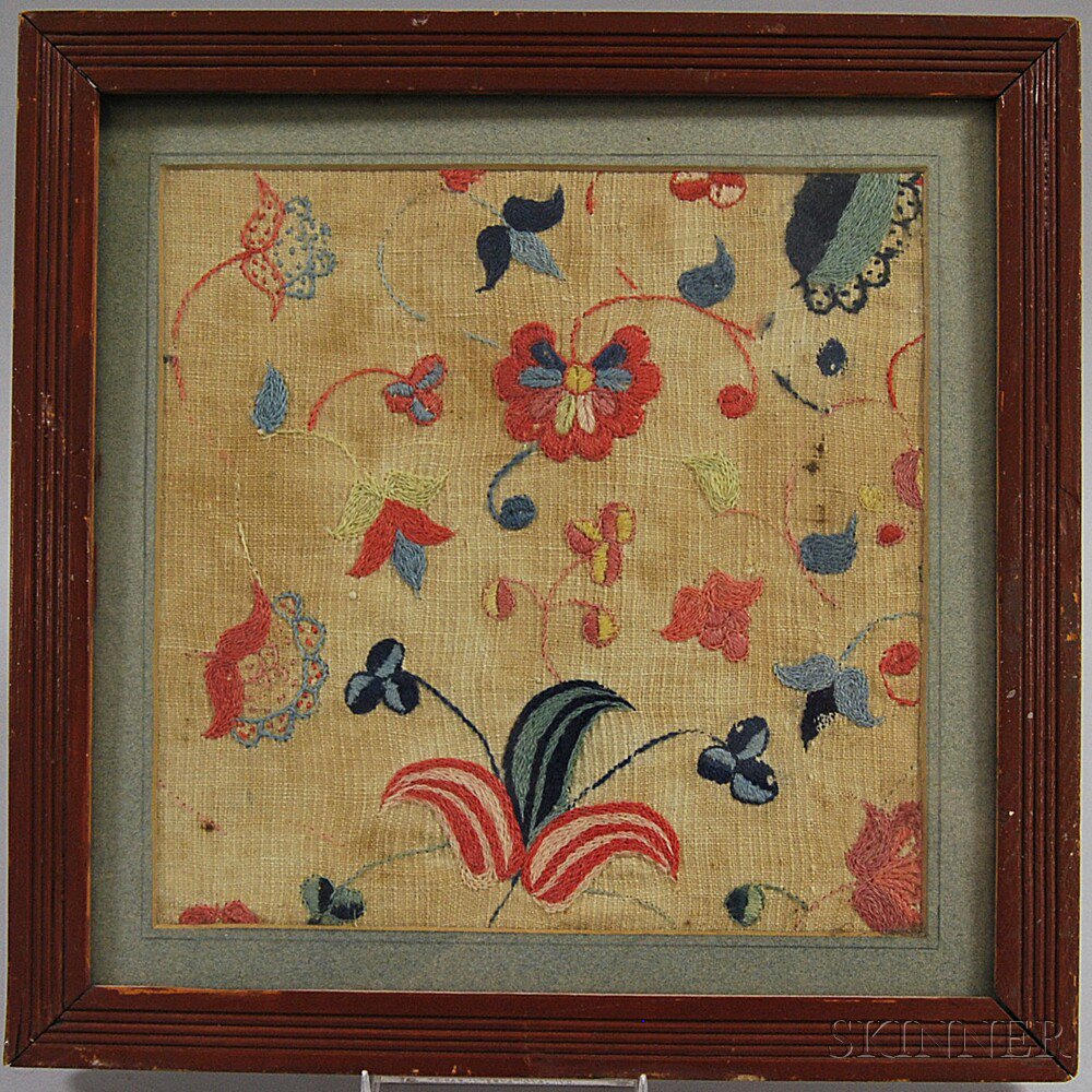 Appraisal: Framed Crewelwork Fragment th century the wool yarns stitched into