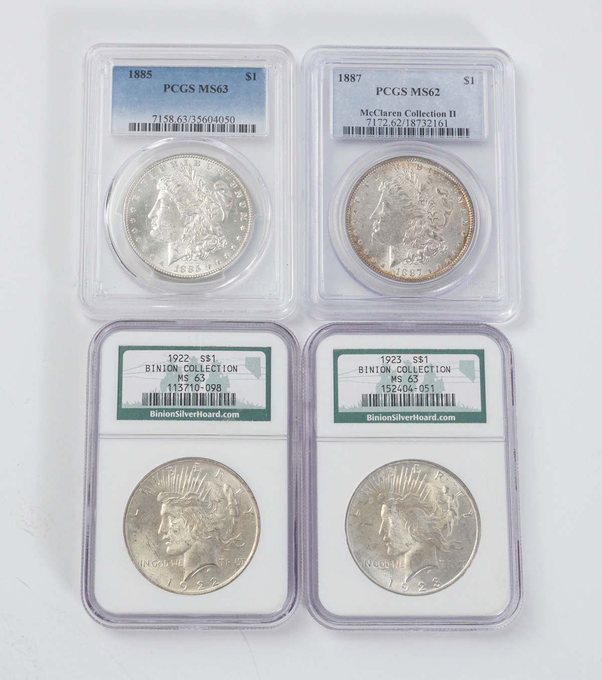 Appraisal: PC GRADED MORGAN PEACE SILVER DOLLARS Comprising Peace- MS Peace-