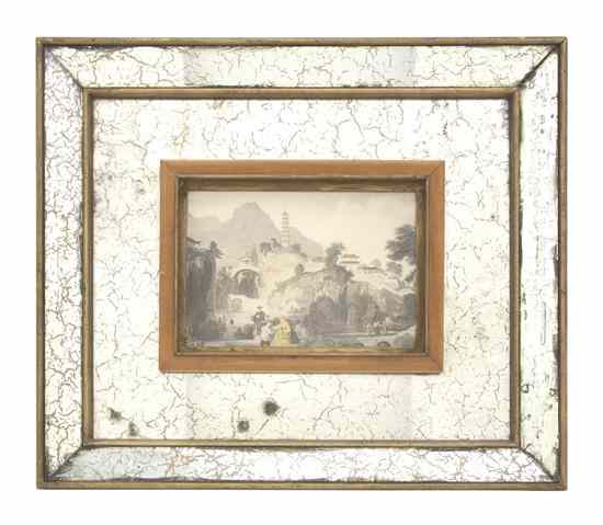 Appraisal: A Colored Chinoiserie Lithograph depicting figures in a pavilion landscape