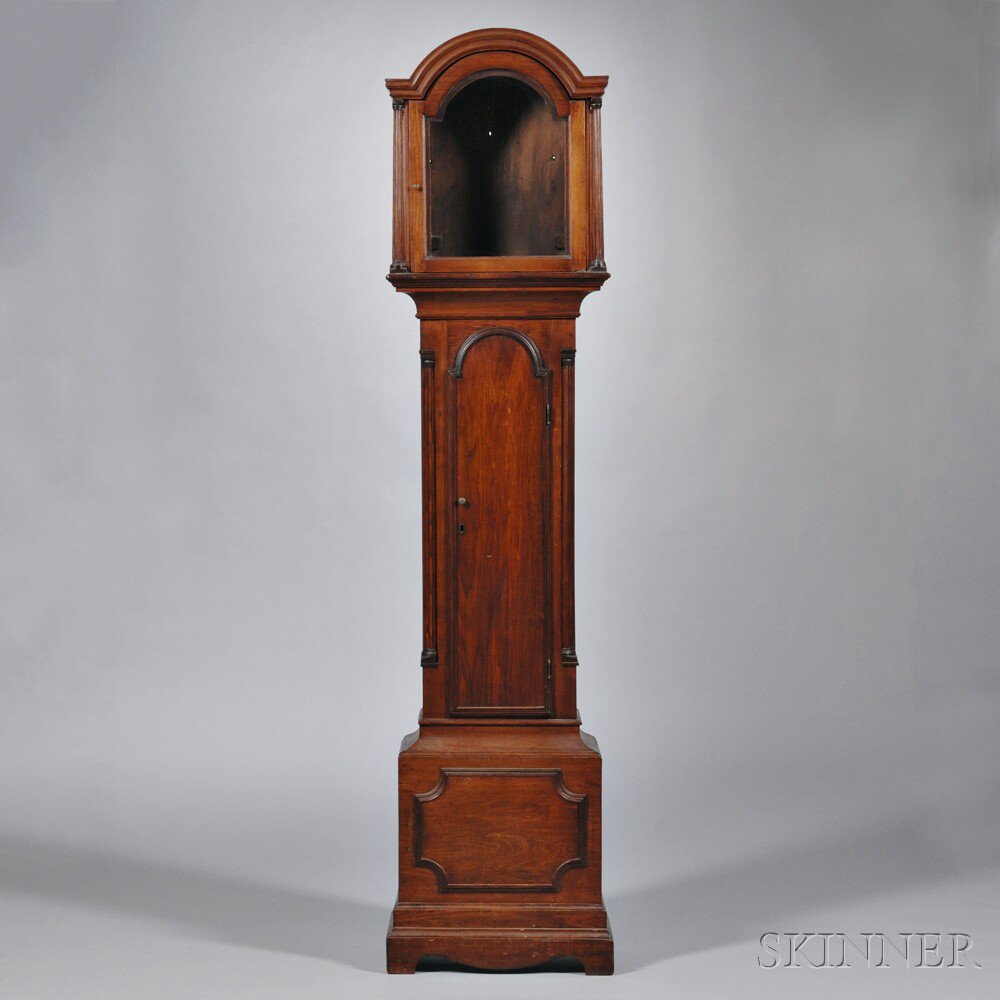 Appraisal: American Butternut Tall Clock Case c arch-top hood with reeded