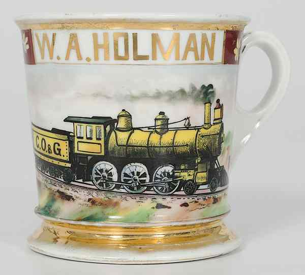 Appraisal: Locomotive Engineer's Occupational Shaving Mug Porcelain with excellent polychrome painted