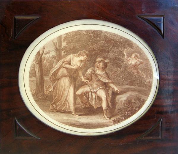 Appraisal: A pair of Italian oval sepia engravings within mahogany frames