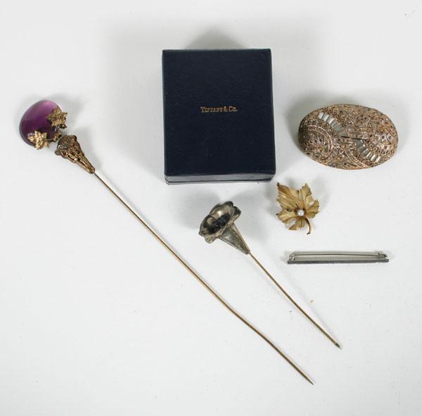 Appraisal: Victorian Deco Amethyst Hat Pin Tiffany Gold Pin Assortment of