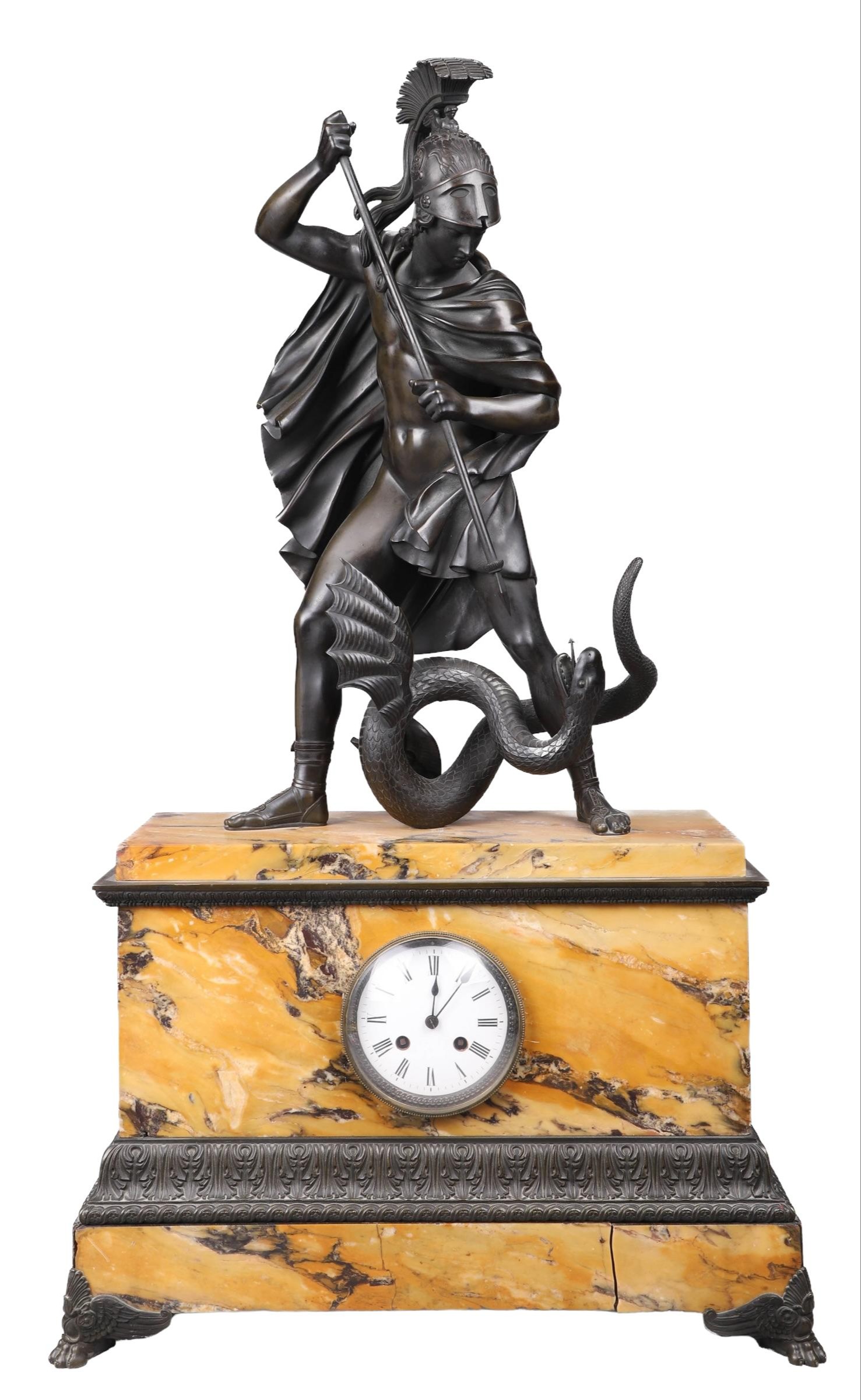 Appraisal: French marble and bronze figural mantle clock monumental bronze figure