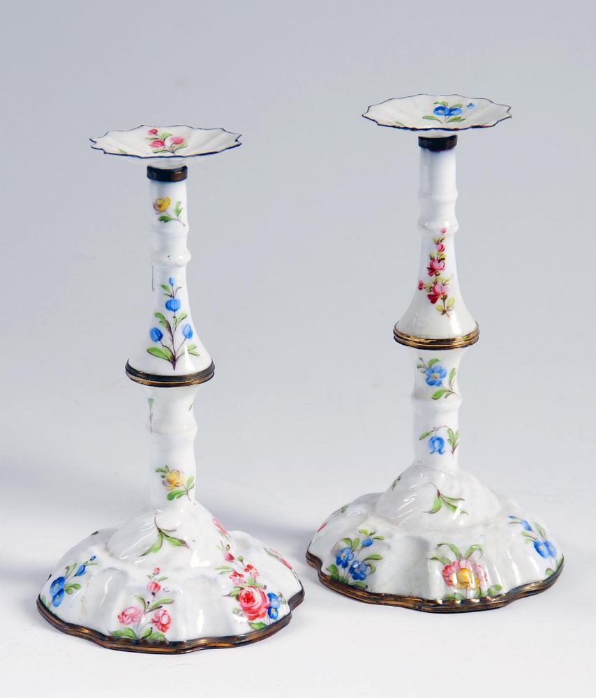 Appraisal: A PAIR OF ENGLISH ENAMEL TAPER STICKS c - with