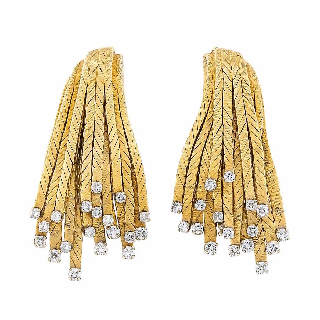 Appraisal: Pair of Gold and Diamond Fringe Earclips kt round diamonds