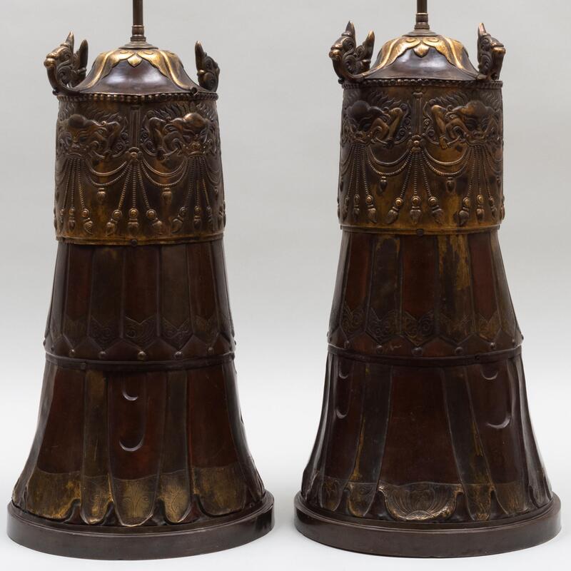 Appraisal: Pair of Asian Inspired Patinated and Gilt-Metal Cylindrical Table Lamps