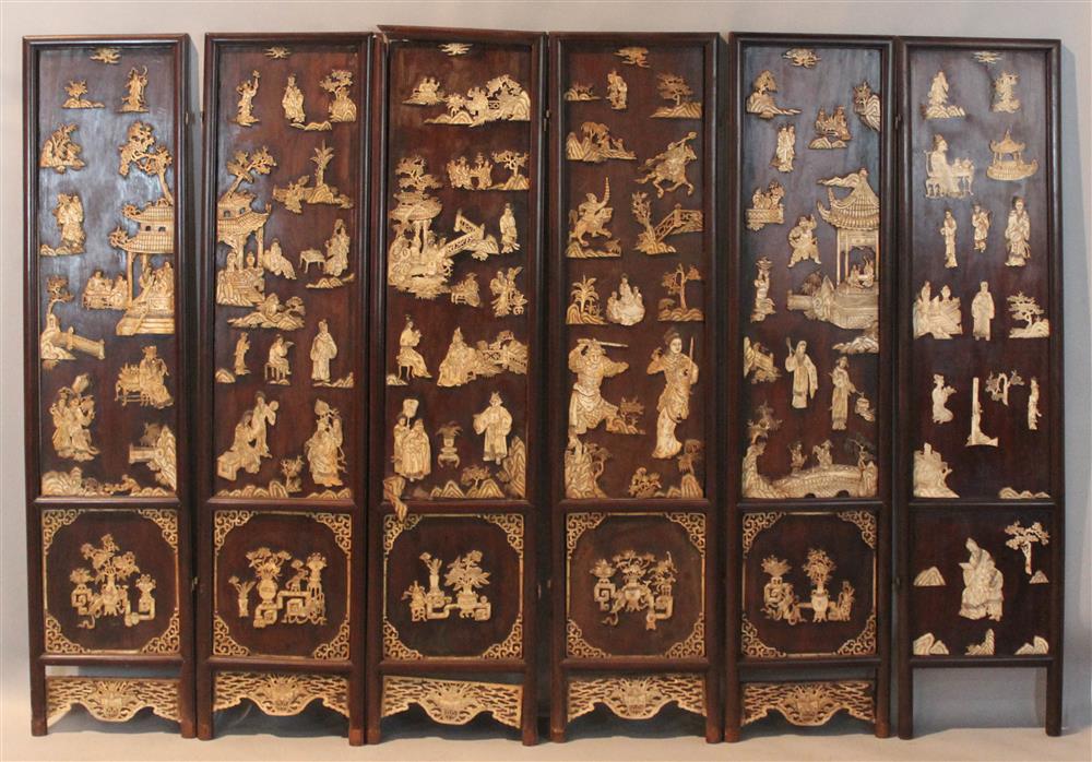 Appraisal: CHINESE BONE-INLAID WOOD SIX-PANEL SCREEN LATE QING DYNASTY TH CENTURY