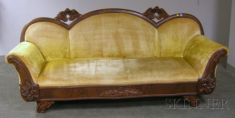 Appraisal: Victorian Upholstered Carved Walnut and Mahogany Veneer Sofa lg in