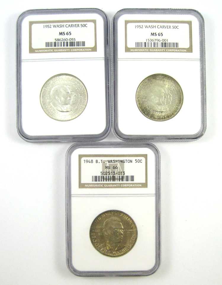 Appraisal: THREE U S COMMEMORATIVE SILVER HALF DOLLARS BOOKER T Washington