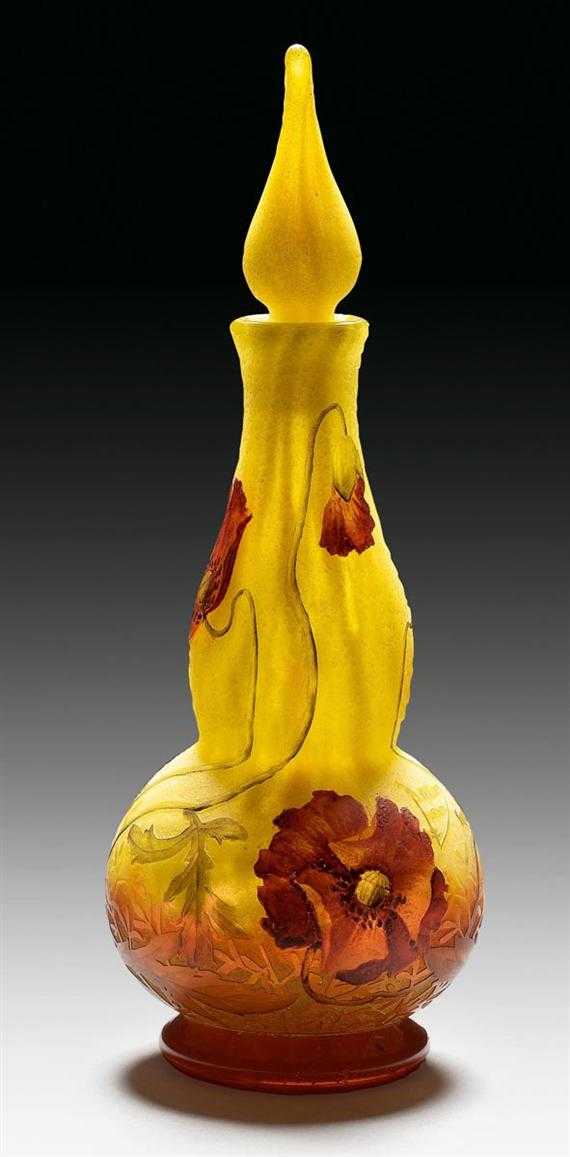 Appraisal: DAUM NANCY FLACON circa Acid-etched and enamelled yellow glass Signed