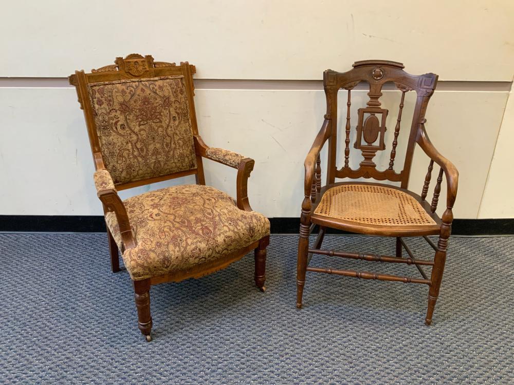 Appraisal: VICTORIAN WALNUT AND UPHOLSTERED ARMCHAIR AND A VICTORIAN WALNUT AND