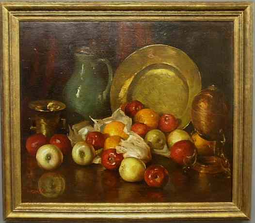 Appraisal: Colorful oil on canvas still life painting of fruit signed