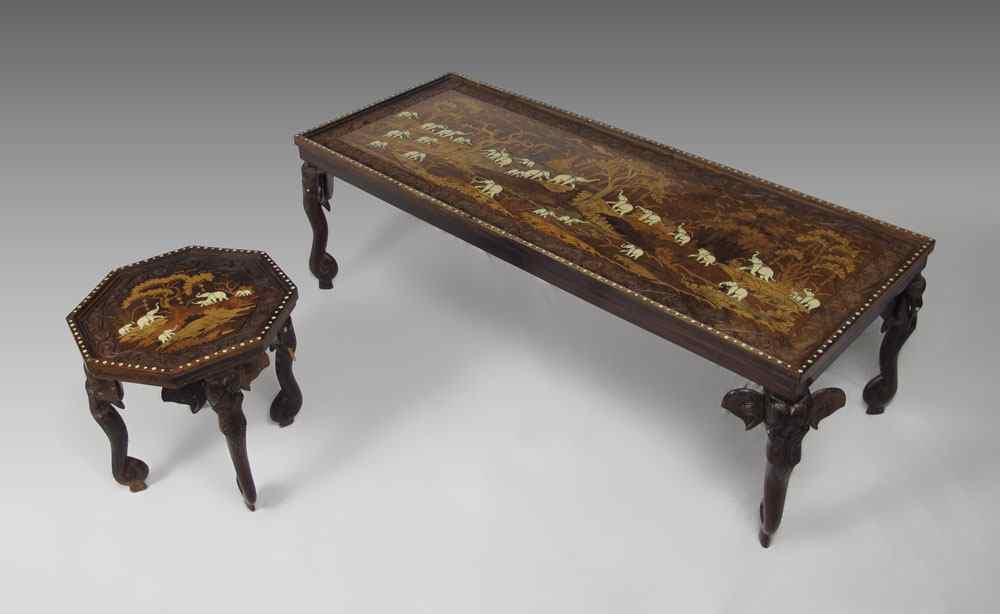 Appraisal: INLAID FIGURAL ELEPHANT COFFEE SIDE TABLE To include Coffee table