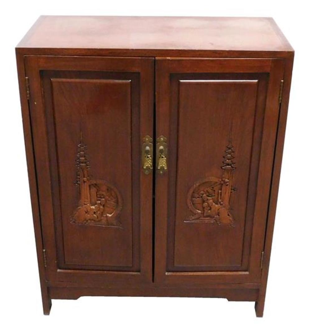 Appraisal: ASIAN Small Asian cabinet with carved panels th C rosewood