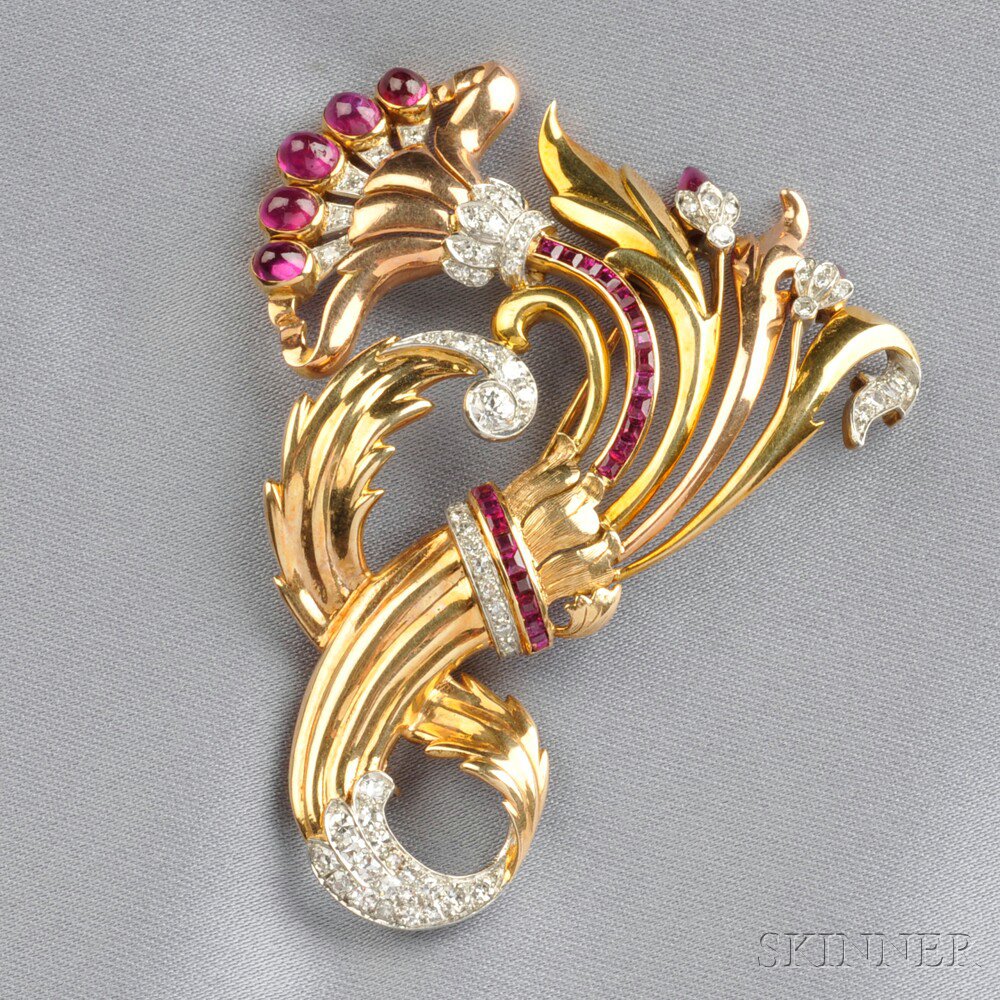 Appraisal: Retro Ruby and Diamond Brooch designed as a kt bicolor