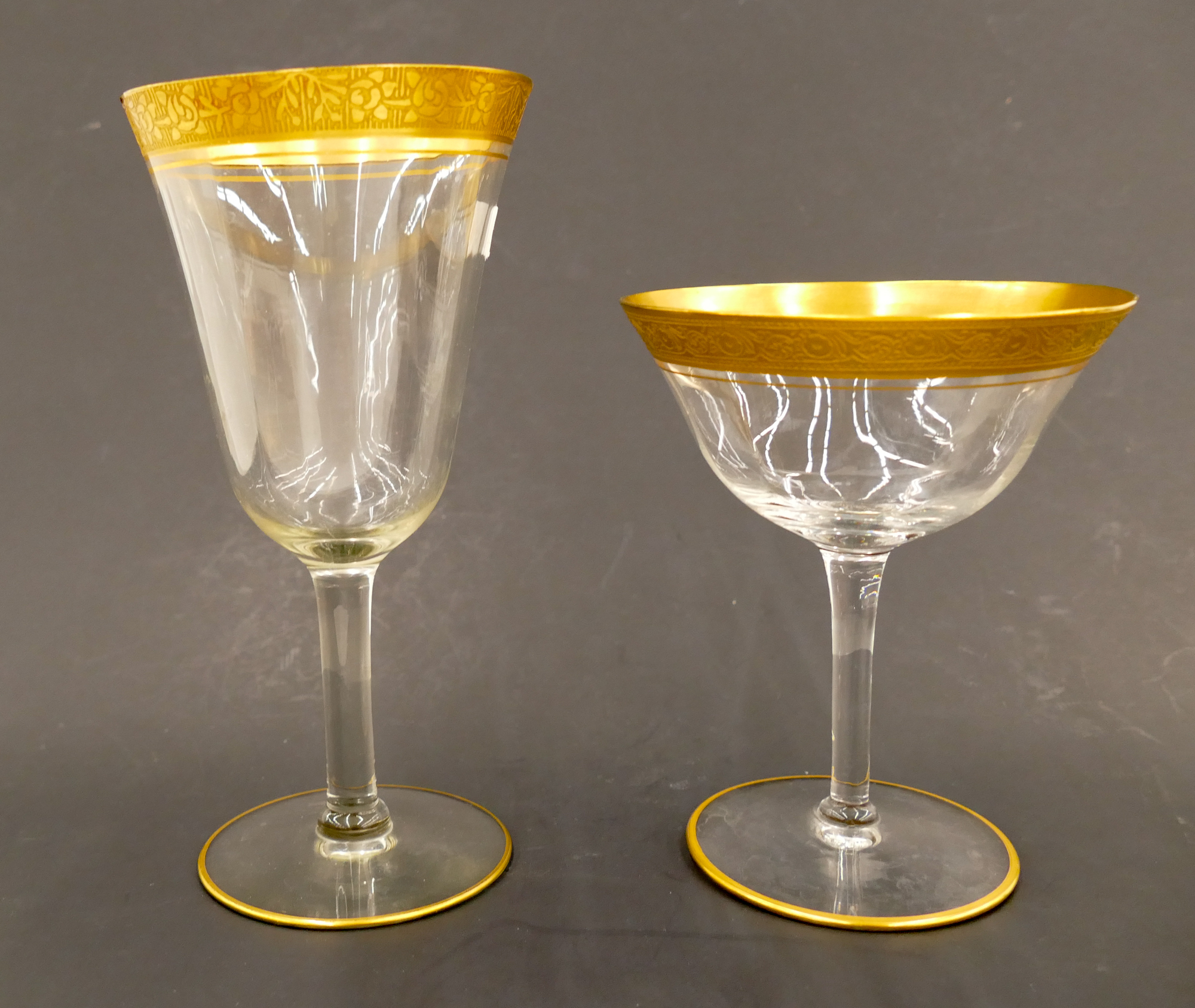 Appraisal: pc Gold Rim Acid Etched Stemware