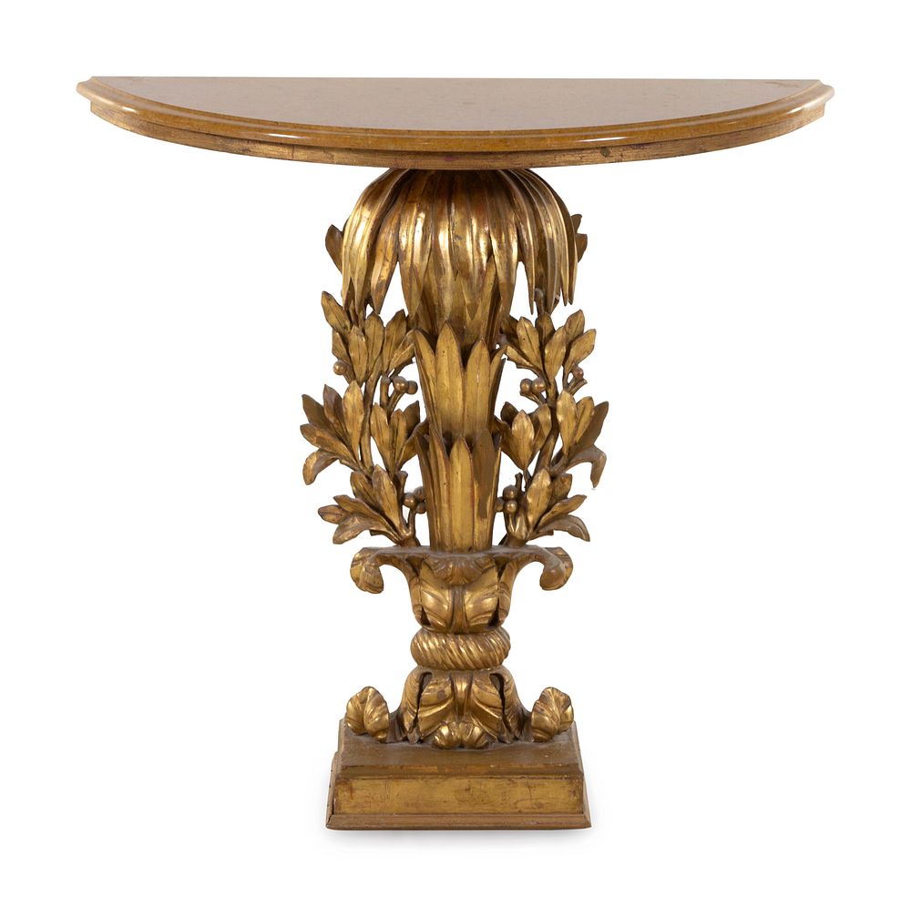 Appraisal: A Neoclassical Carved Giltwood and Marble-Top Demilune Console Table A