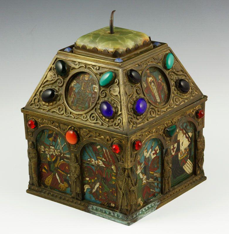 Appraisal: - Enameled Box Enameled box semi-precious stones and agate top