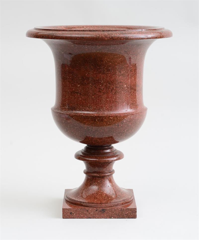 Appraisal: FINE SWEDISH NEOCLASSICAL CARVED RED PORPHYRY URN Of campani form