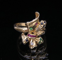 Appraisal: A Retro-Style Ladies' Gold Ring with Precious Stones An K