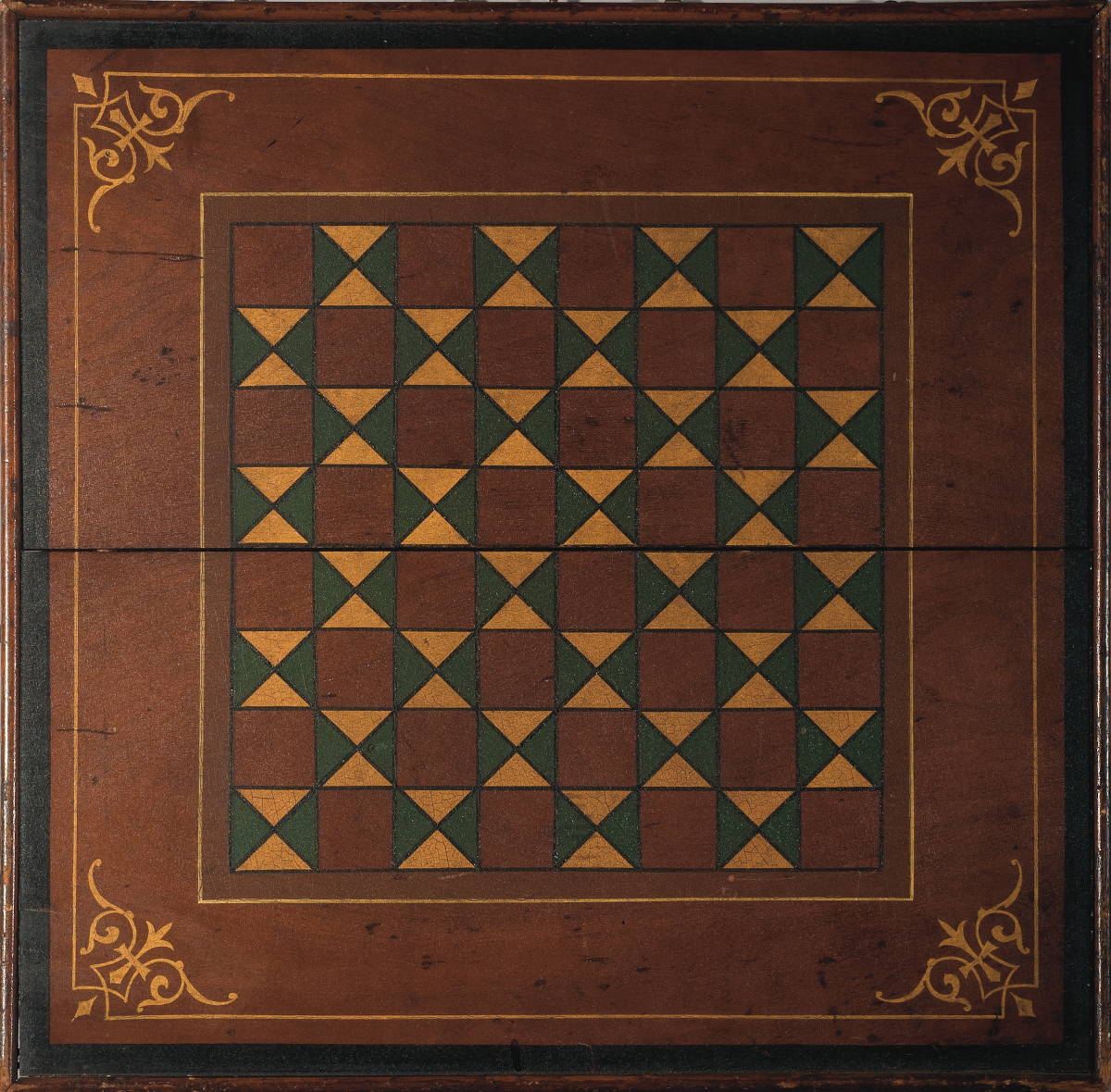 Appraisal: FINE AMERICAN POLYCHROME PAINTED DOUBLE-SIDED WALNUT GAMEBOARD One side with