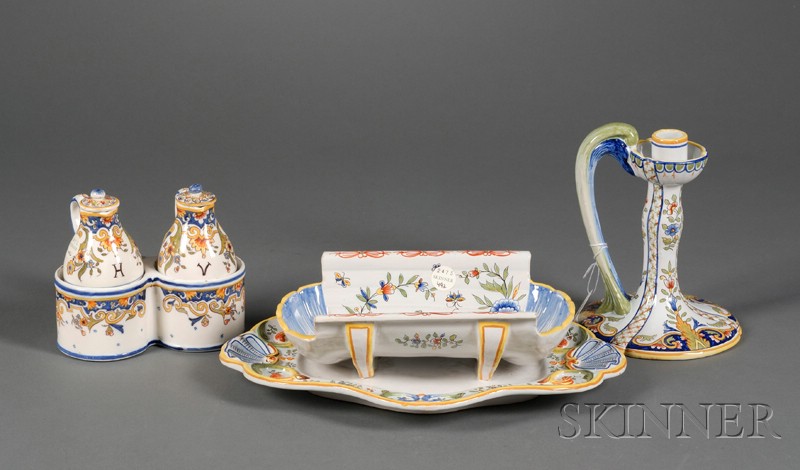 Appraisal: Three French Faience Items th century each polychrome enamel decorated