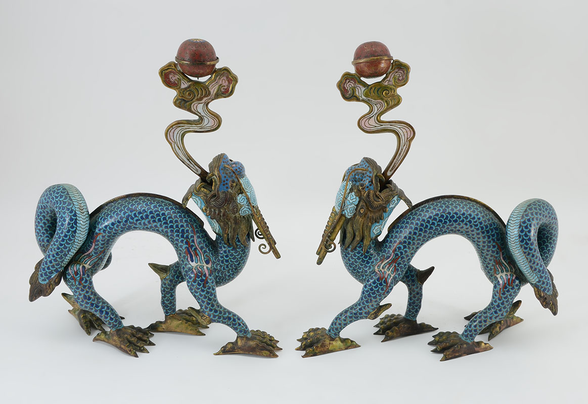 Appraisal: PAIR TH CENTURY CHINESE CLOISONNE DRAGON INCENSE BURNERS Late Qing