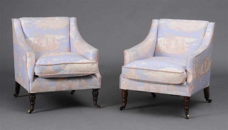 Appraisal: PAIR OF VICTORIAN STYLE UPHOLSTERED MAHOGANY CLUB CHAIRS Each upholstered