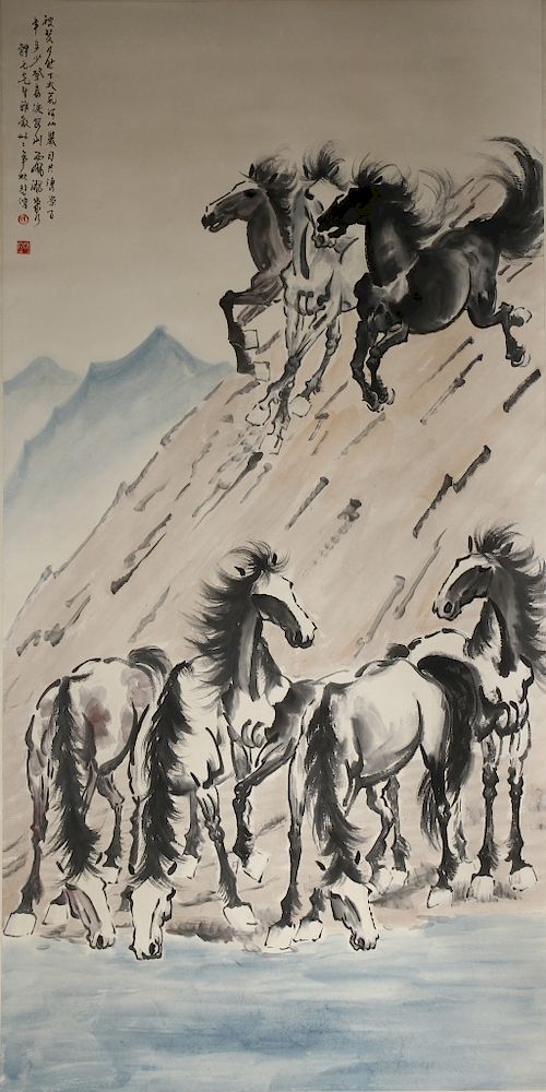 Appraisal: Chinese Scroll Painting of Horses Ink and color on paper