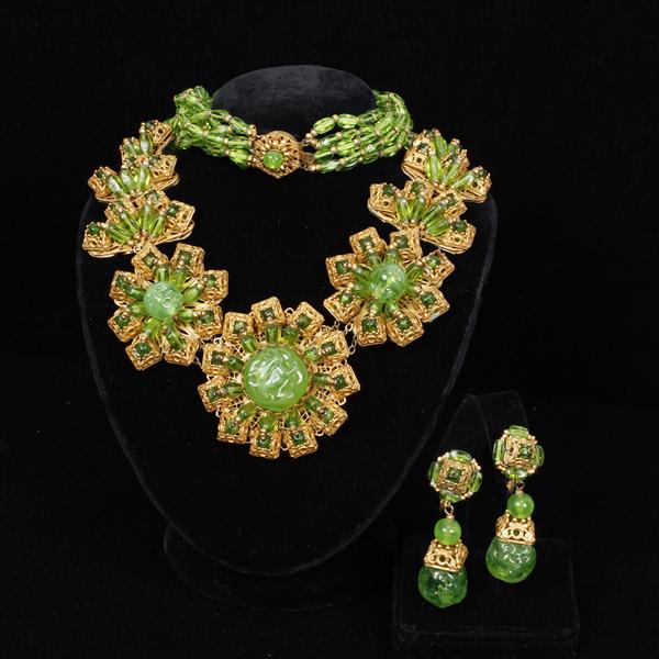 Appraisal: Miriam Haskell pc Green Necklace Clip on Earrings