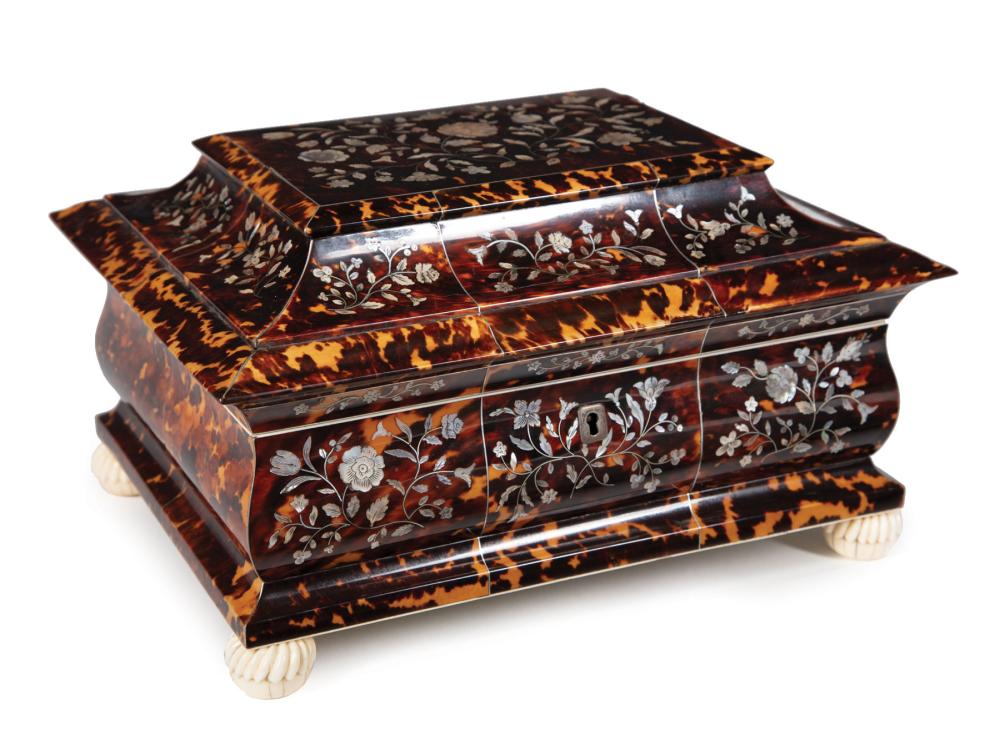 Appraisal: William IV Mother-of-Pearl Inlaid Tortoiseshell Sewing Box th c pagoda