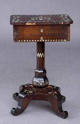 Appraisal: ITALIAN MOTHER-OF-PEARL INLAID ROSEWOOD WORK TABLE The hinged top with