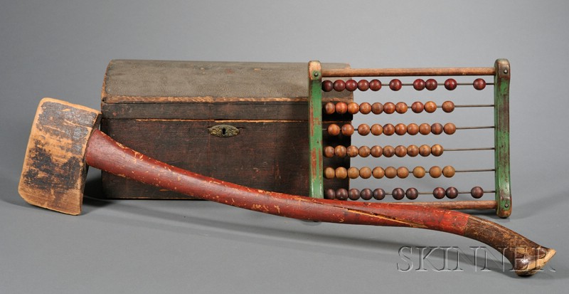 Appraisal: Three Painted Wooden Items Axe Abacus and a Dome-top Box