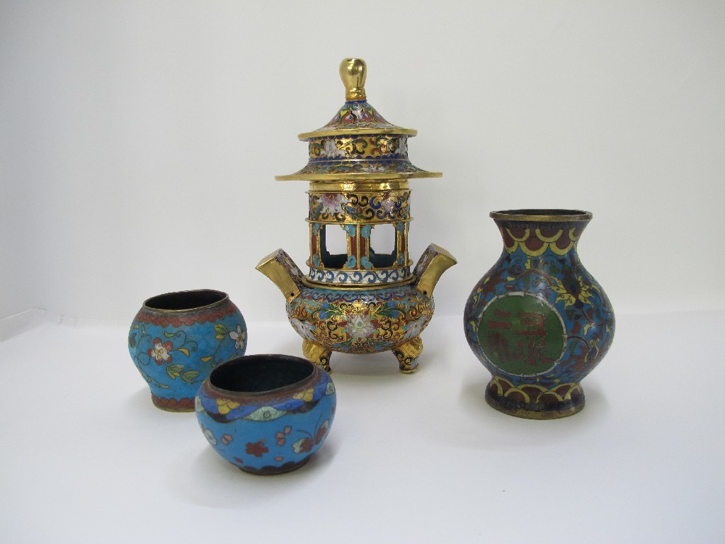 Appraisal: Cloisonne incense burner and three other cloisonne pieces