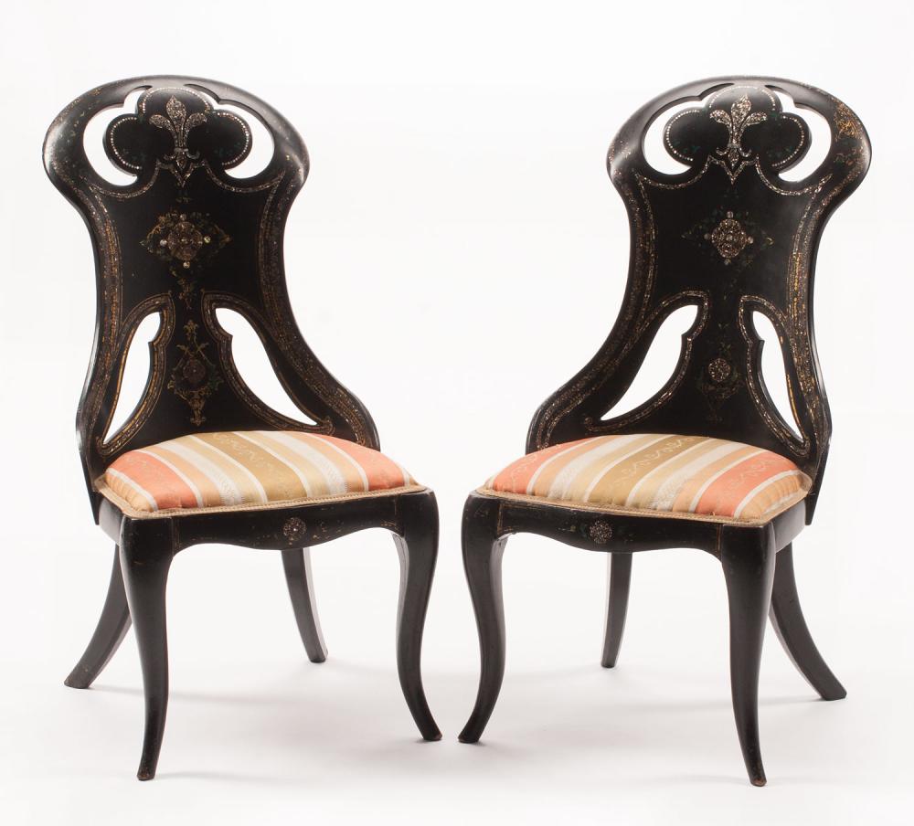 Appraisal: Pair of Victorian Mother-of-Pearl Inlaid Papier-M ch Side Chairs mid-