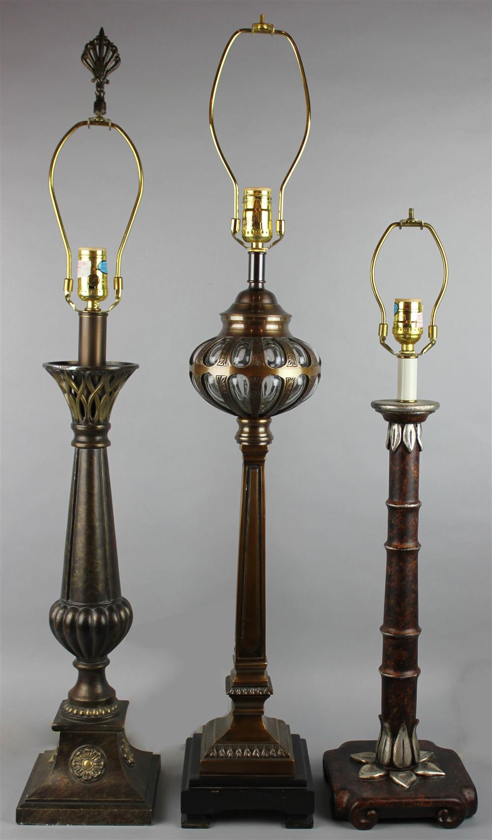 Appraisal: THREE TABLE LAMPS including one glass and tinted metal columnar